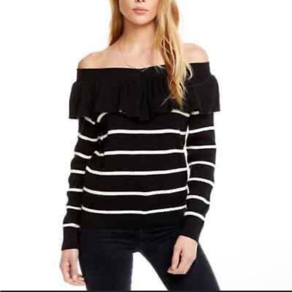Chaser Sweaters - Chaser Cream Blue Stripe Ruffle Knit Sweater On or Off Shoulder Size Small